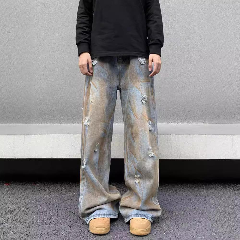American retro grinding and old micro-horn tattered loose straight hand-painted dyed yellow mud jeans men's tie-dye