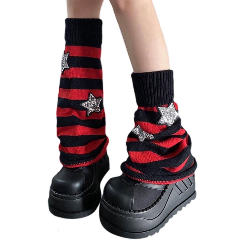 Harajuku Women Autumn Leg Warmers Socks Japanese Gothic Striped Sequins Stars Knitted Long Socks Punk Baggy Foot Covers