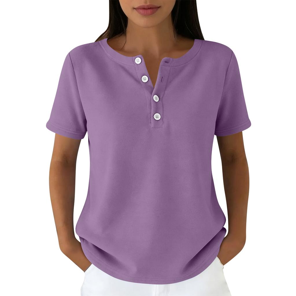 Lässiges Damen-T-Shirt in verschiedenen Farben, V-Ausschnitt, kurzen Ärmeln und Zierknöpfen.
