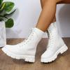 Boots Women  Autumn Winter PU Leather White Ankle Boots Motorcycle Botines Female Chunky Heels Platform Boots