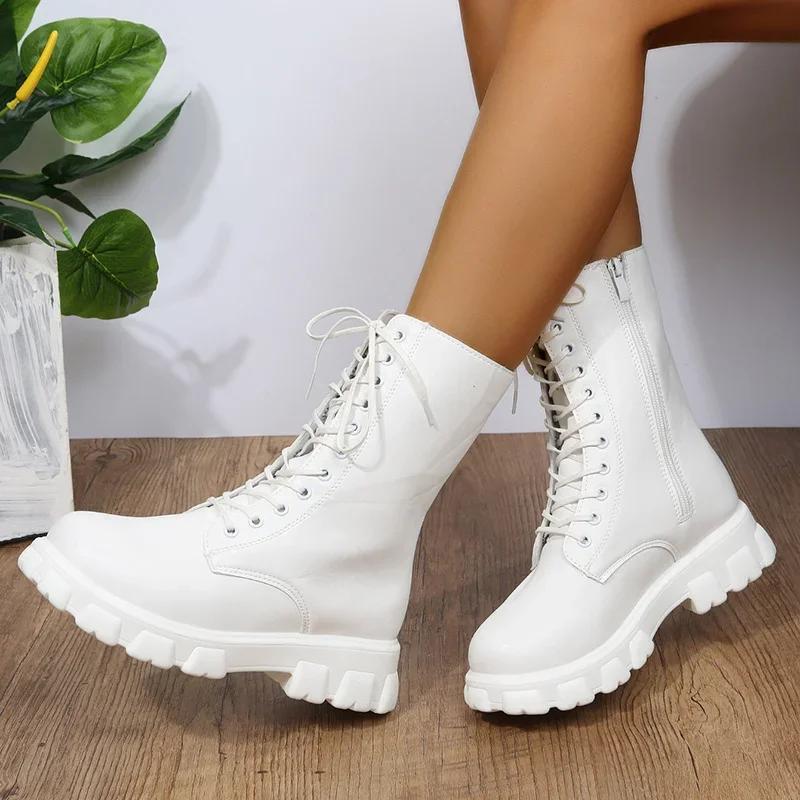 Boots Women  Autumn Winter PU Leather White Ankle Boots Motorcycle Botines Female Chunky Heels Platform Boots