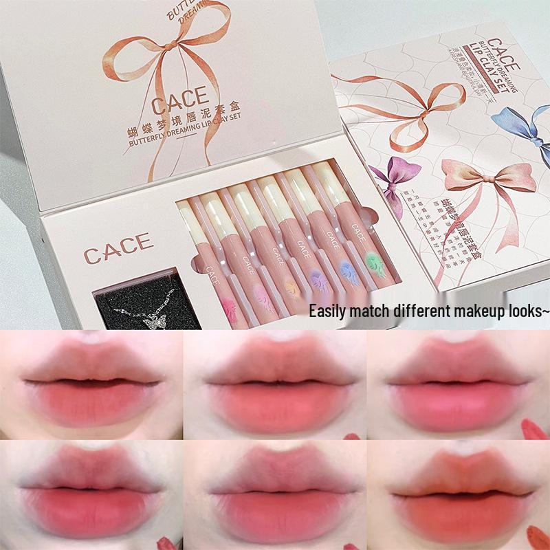 Butterfly Dream Lip Mud: Matte Nude Lip Glaze & Cute Necklace Set