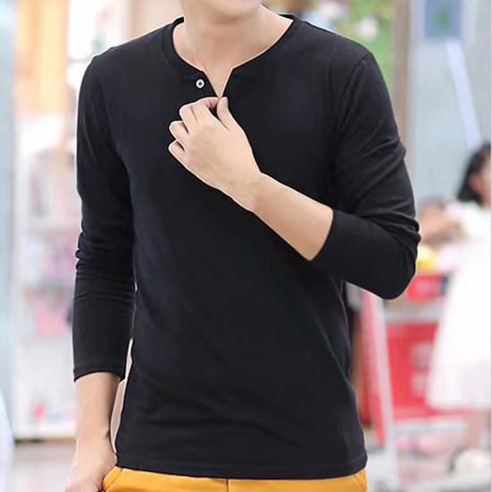 Men T-shirt V Neck Buttons Decoration Slim All Match Spring Base Shirt for Daily Wear