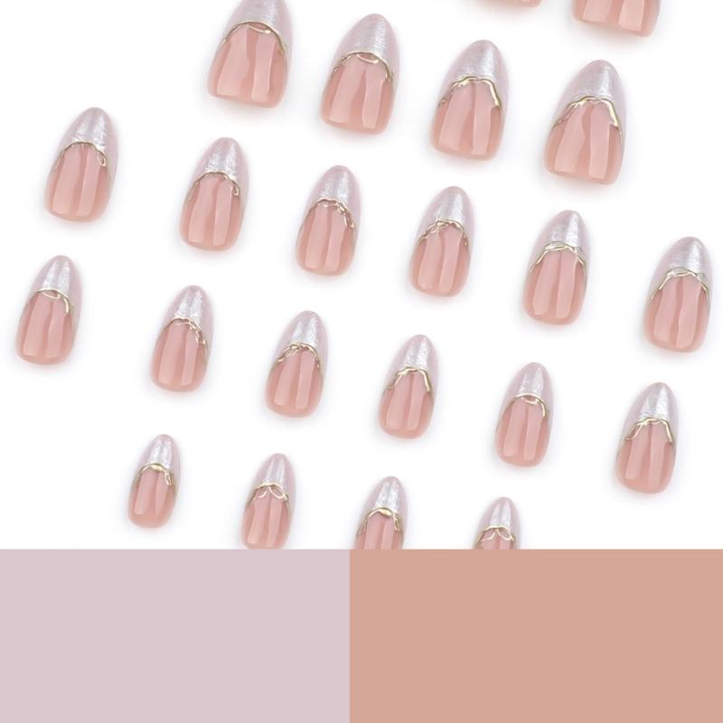 24 Pieces Short Almond Shape Press On Nail Glossy White French Tips with 3D Gold Line Decoration Artificial Nail