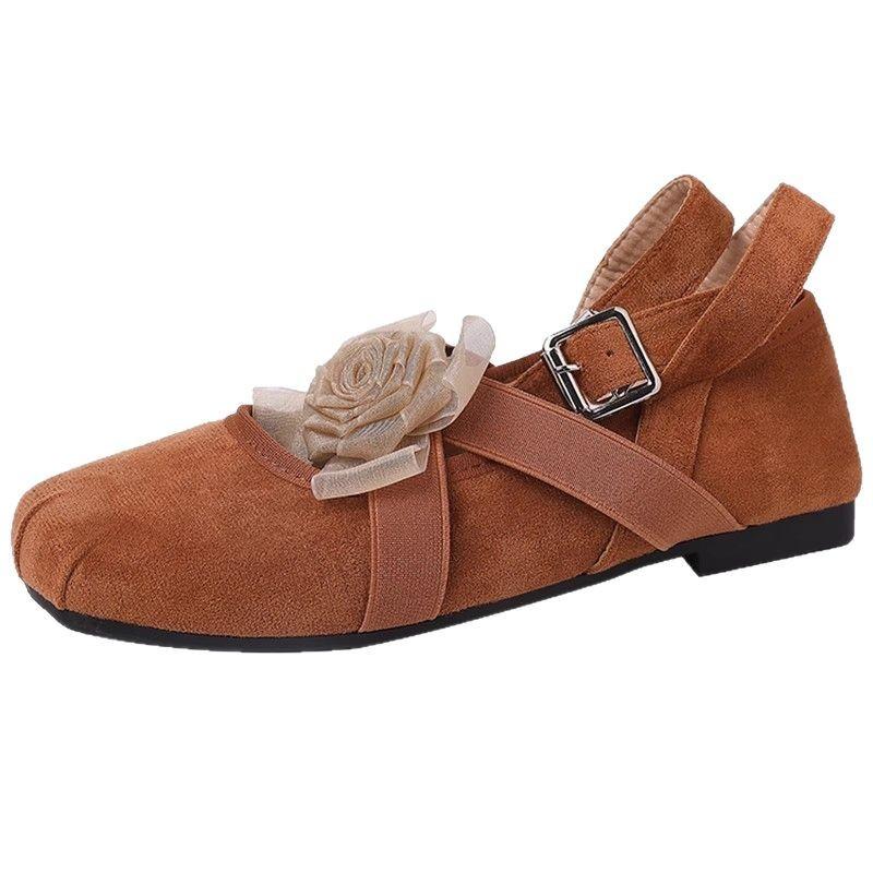 Vintage Flower Round Head Ballet Shoes Spring Cross Strap Casual Single Shoes Women's Shallow Mouth Evening Breeze Gentle Flats