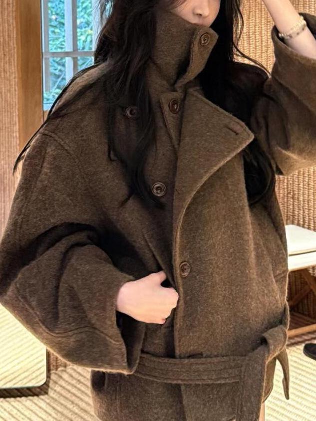 Retro Camel-Hair Short Wool Coat with Belt