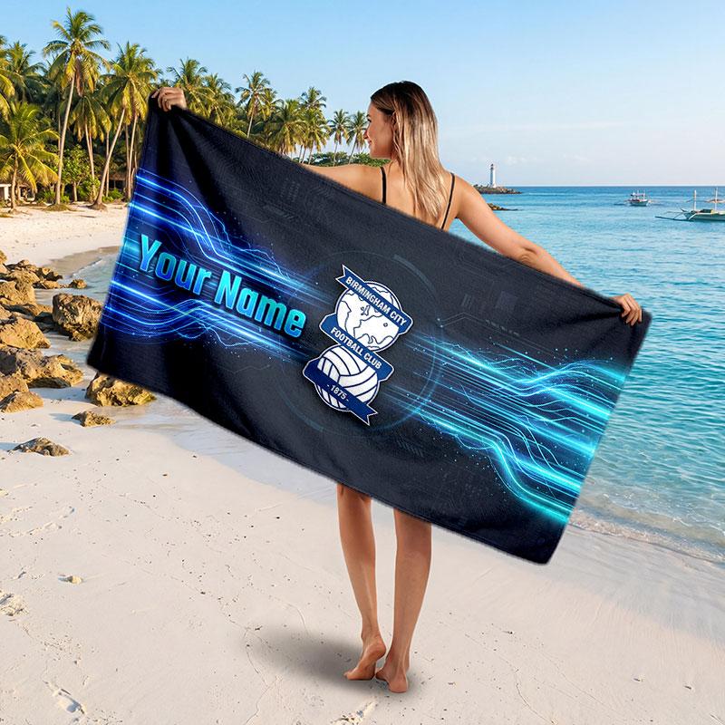 Asciugamano da Spiaggia Personalizzato BIRMINGHAM CITY, Stampa Testo Nome Personalizzato, Asciugamano Morbido ad Asciugatura Rapida con Logo Calcio, Regalo per le Vacanze
