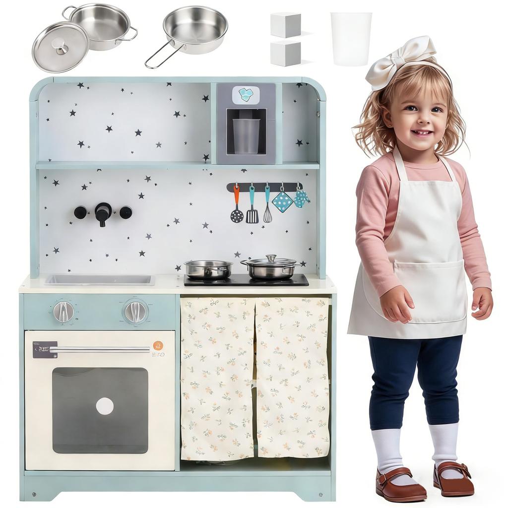 Children's Kitchen with Ice Maker and Microwave, Accessories and Surprise Effects, Gift for Children Aged 3 and Up, Wood + Plastic, Blue, 29x60x81cm