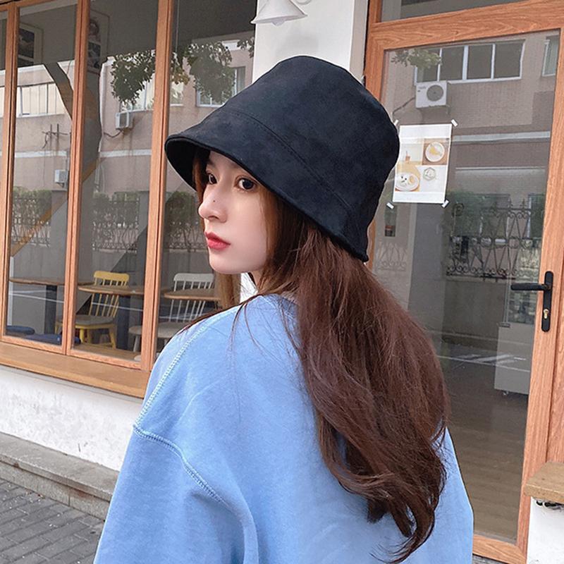 Korean Suede Bucket Hat for Women Solid Color Foldable Fisherman Cap Outdoor Sunscreen Female Panama Sun Hats