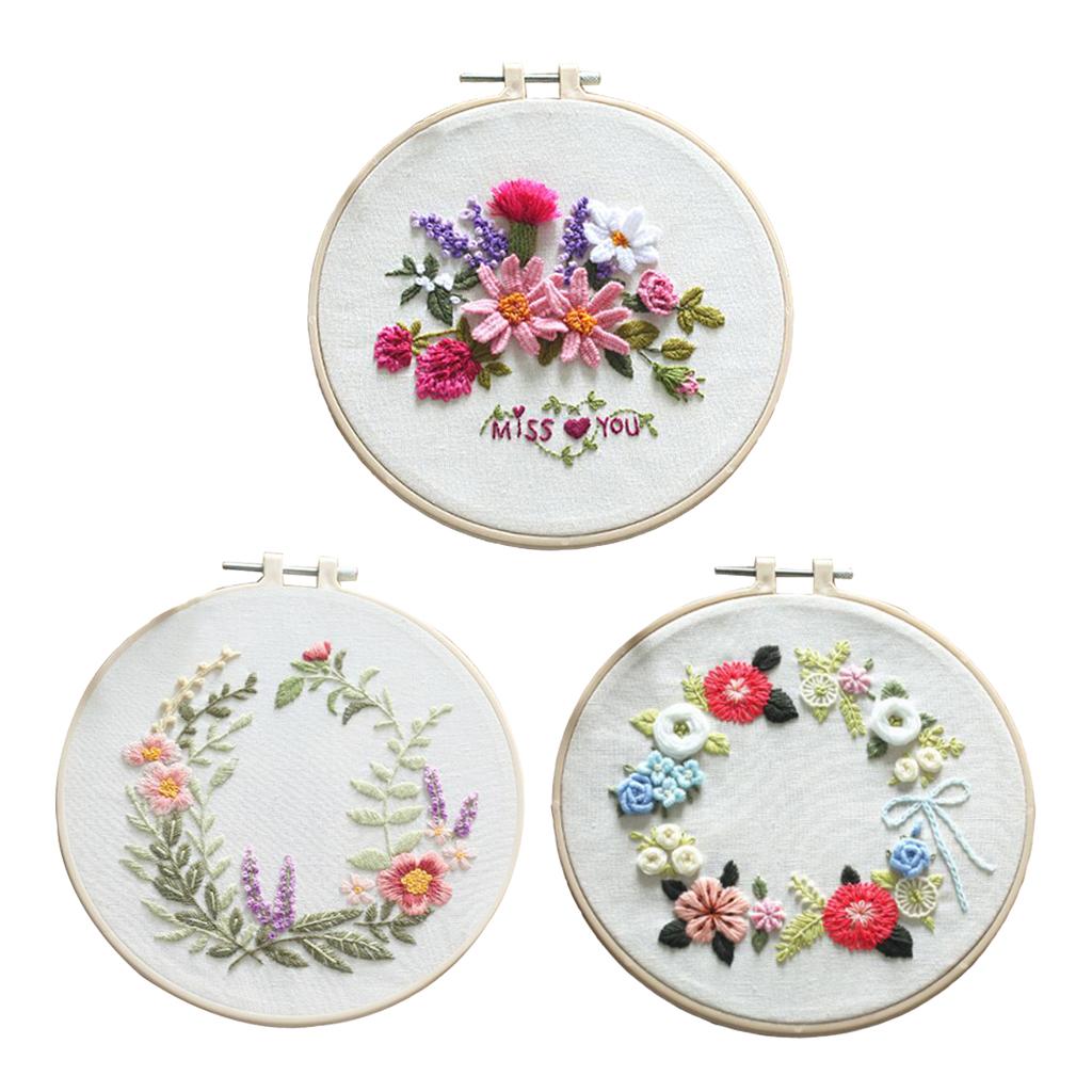 

3x Floral Embroidery Starter Kit Pre-printed Stitch Cloth Floss різнокольоровий