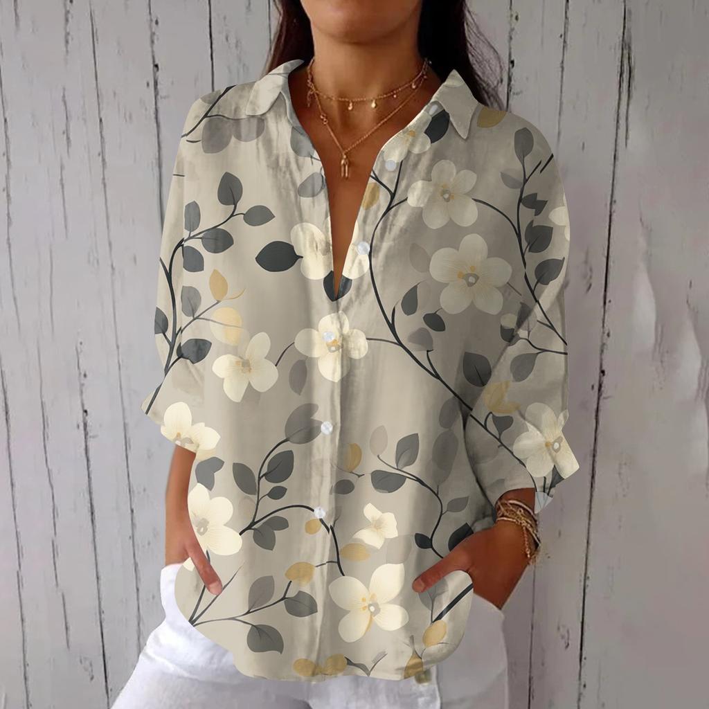 Women's Fashion Seven Sleeve Casual Lapel Back Tie Shirt Printed T-Shirt Top