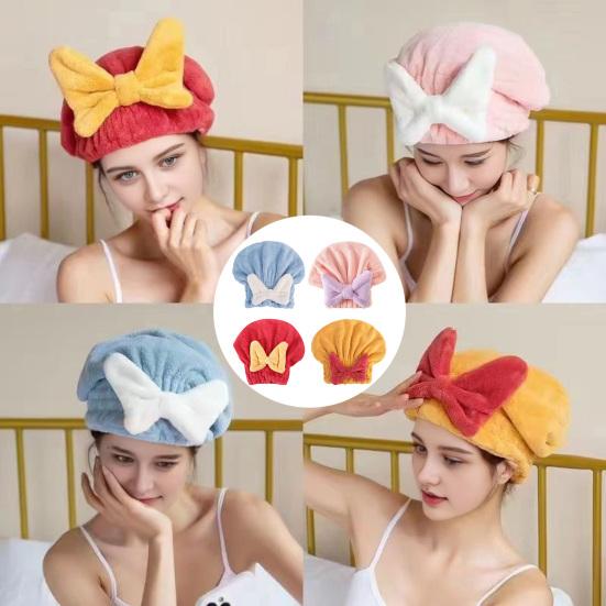 Absorbent Hair Drying Cap Quick Dry Microfiber Hair Towel Wrap Shower Cap Wet Hair Drying Turban with Bow Tie for Women Girls