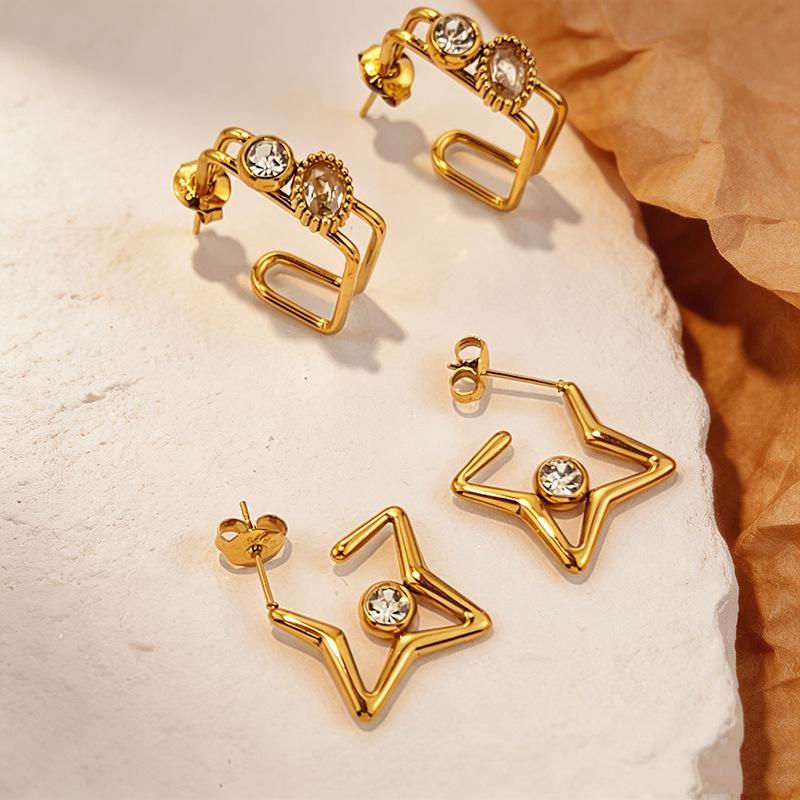 Gold Color Hollow Geometric Earrings for Women Stainless Steel Zircon Irregular Stud Earrings Fashion Anti Allergy Party Jewelry