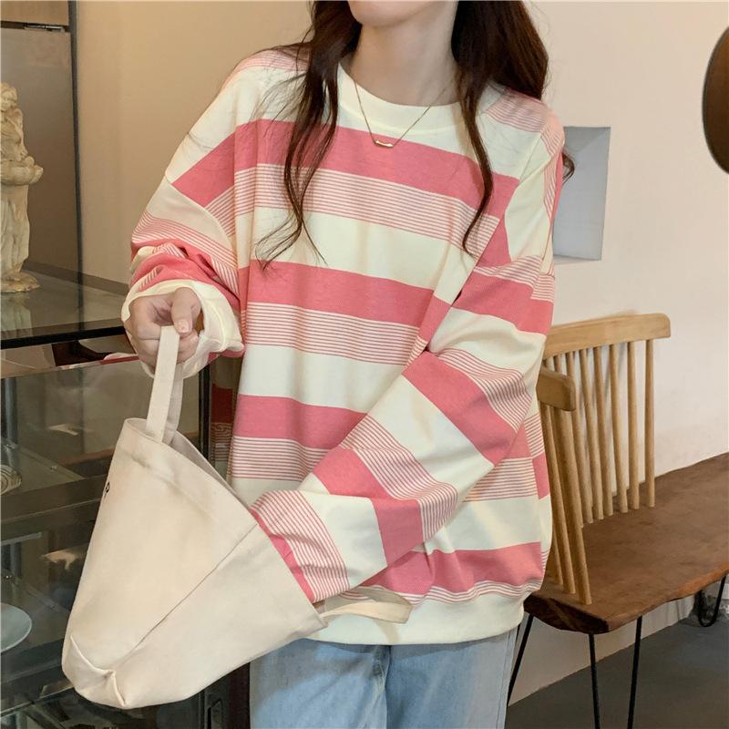 Stripes Clashing Color Loose Long-sleeved T-shirt Women Autumn Winter Thin Section Round Neck Sweater Female Student Tops Retro Versatile Sweatshirt