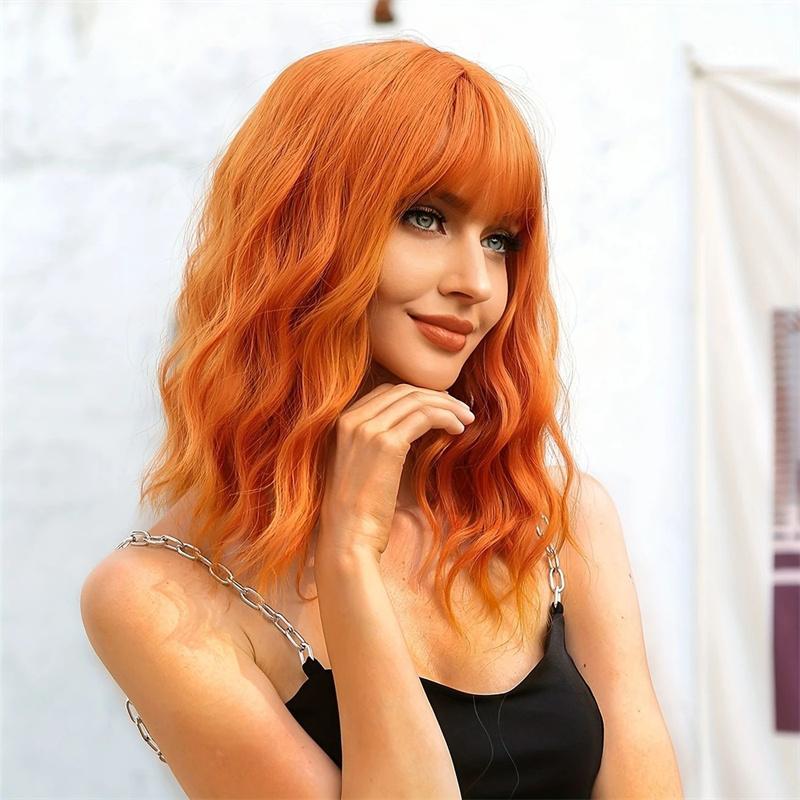 Premium Synthetic Women Short Orange Wavy Wig with Bangs Anime Cosplay Costume Wave Curly Wigs Drag Queen Wig Carnival Party