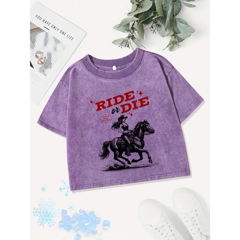 Casual Cotton Crop Tops Womens Western Cowboy Girlprinting Washed T-Shirts O-Neck Regular Fit Streetwear Sexy Clothes