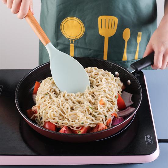 12Pcs Silicone Kitchenware Set Turner Spatula Spoon Non-Stick Heat Resistant Cooking Utensils with Wooden Handles Storage Bucket