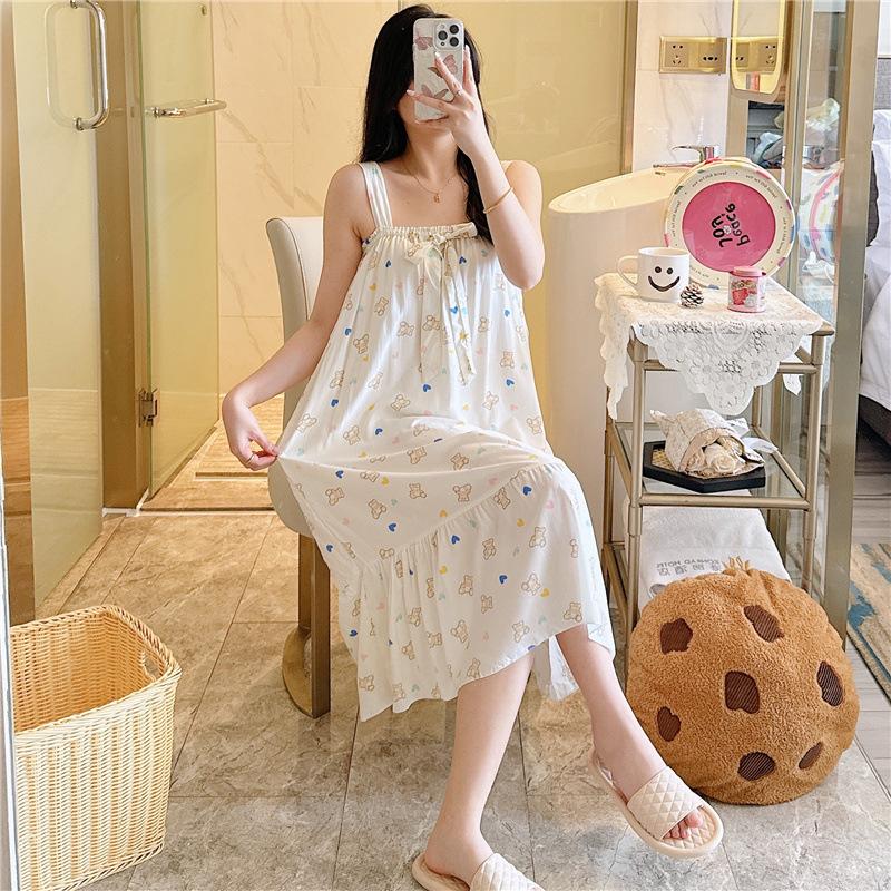 Cotton Nightdress Women'S Summer Thin Pajamasspring And Autumn Cotton Korean Cute Casual Print Dress Loungewear