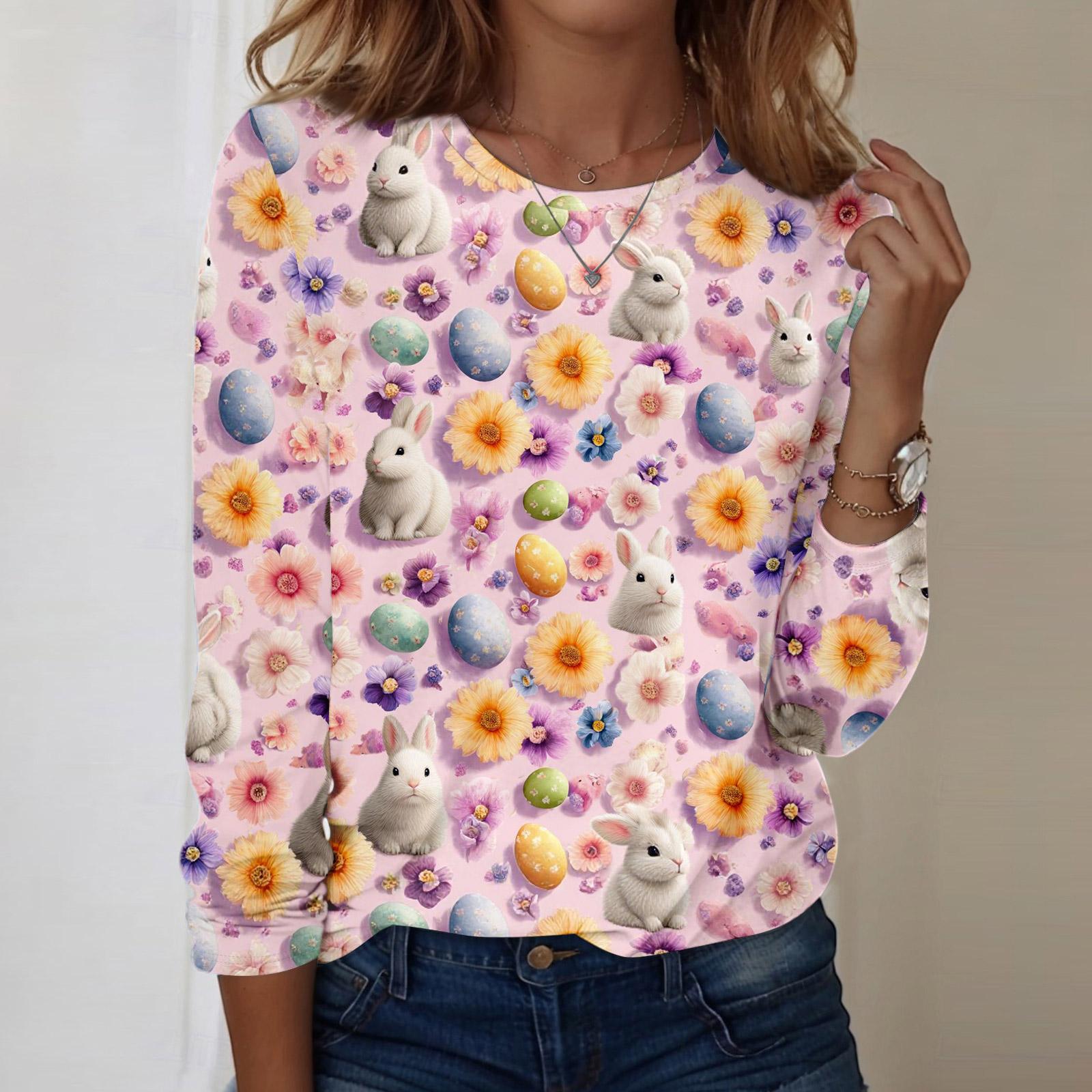 

Women s daily casual long sleeved Easter printed round neck top L бежевий