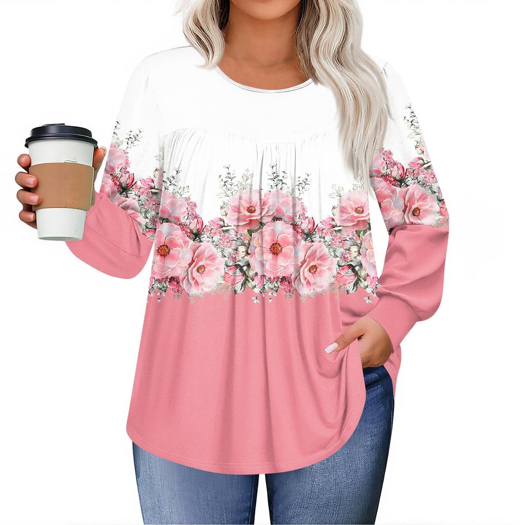 Dámské topy plus size košile s dlouhým rukávem kulatý výstřih splývavá tunika ležérní volná halenka L-5X