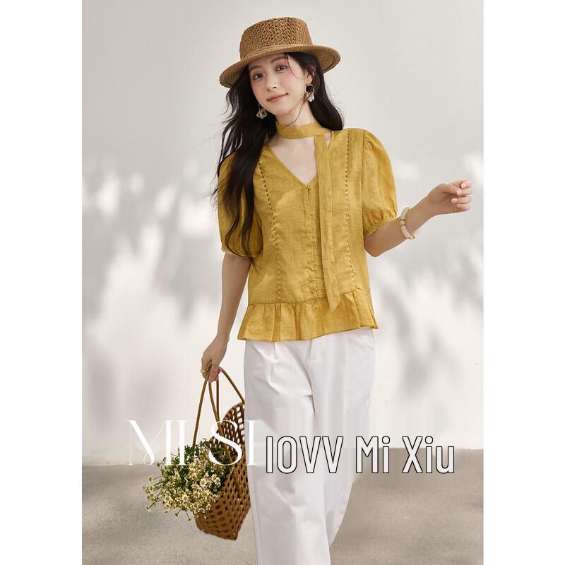 Women s Tencel Ramie Ruffle Tie-Neck Puff Sleeve Blouse L