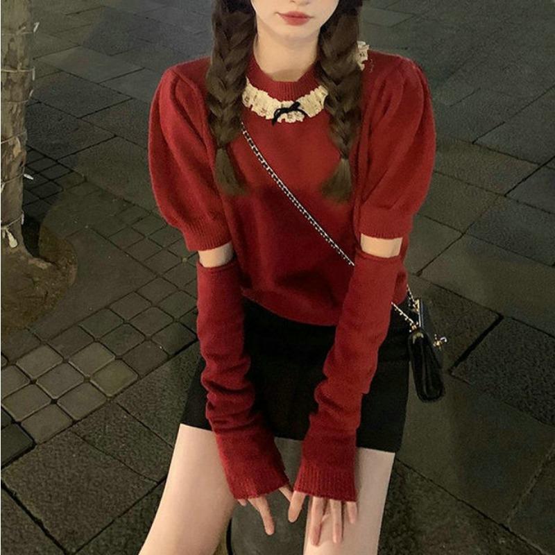 French Puff Sleeve Lace Sleeve Sweater Women's Design Niche Sweet Round Neck Top Sweater Early Spring New Style