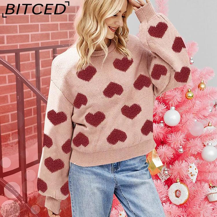 BITCED Bubble Sleeve Valentine's Pink Sweater Loose-Fit Sweet Heart-Patterned Cable-Knit Pullover