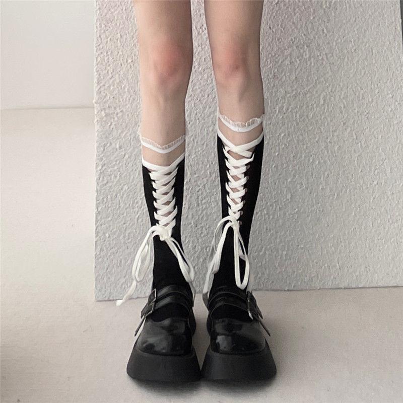 

Girl Lolita Lace Leg Garter Sock Cute Cross Strap Mid-Calf Stockings Pure Versatile Boqw Strap Band Thigh Fashion Girl Calf Sock one size