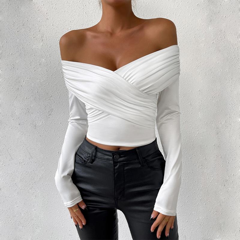 Damska seksowna bluzka z głębokim dekoltem w serek, długimi rękawami, plisami i odkrytymi ramionami