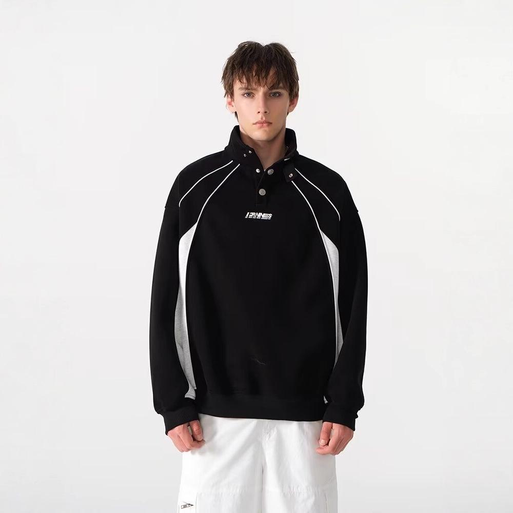 2025 Trendy Hong Kong Style Color Block Polo Shirt with Embroidery Lettering - Men's Retro Loose Hoodie