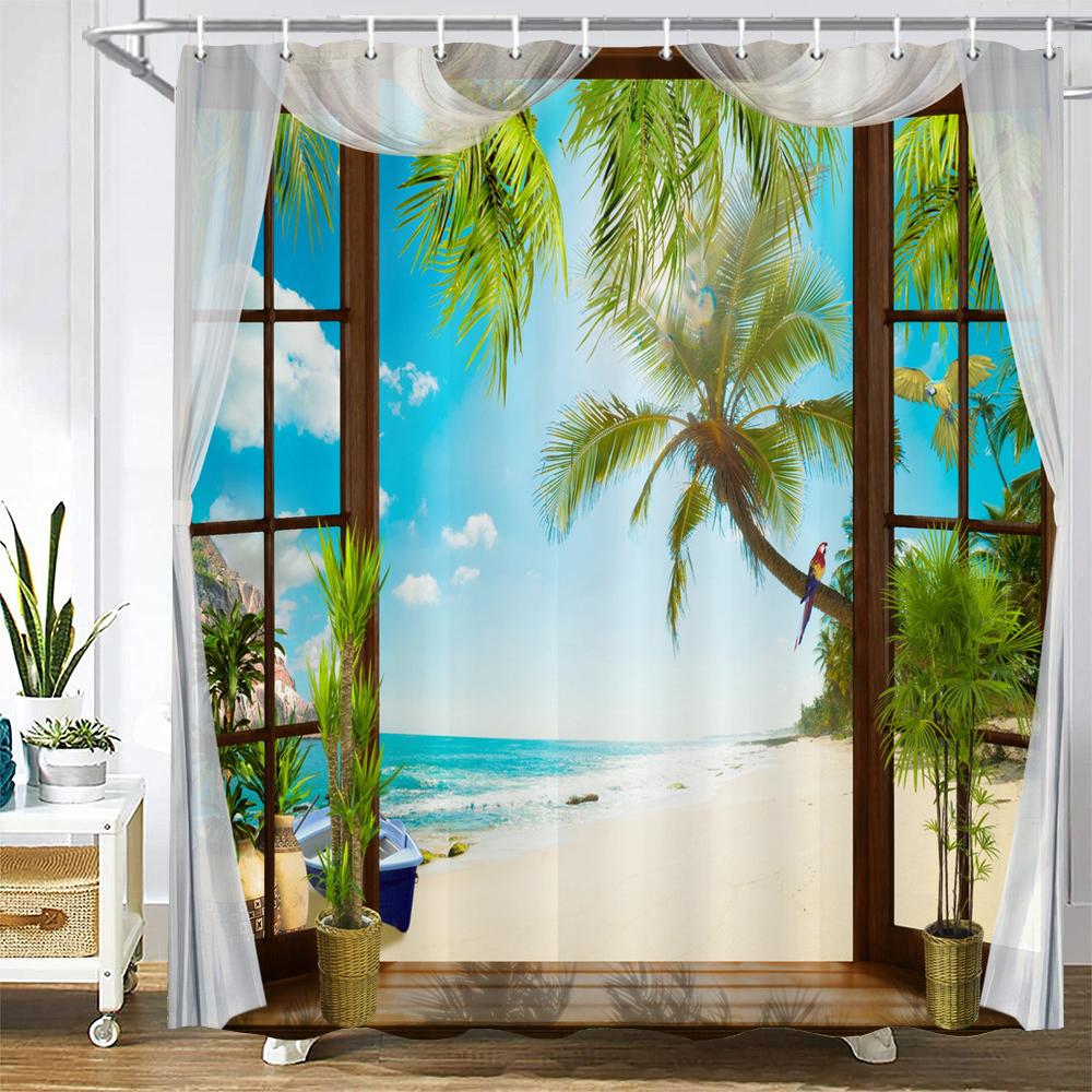 Shower Curtain Sunshine Beach Scenery Seaside 3D Printing Bathroom Curtain Polyester Waterproof Home Decor Curtain 180x180cm