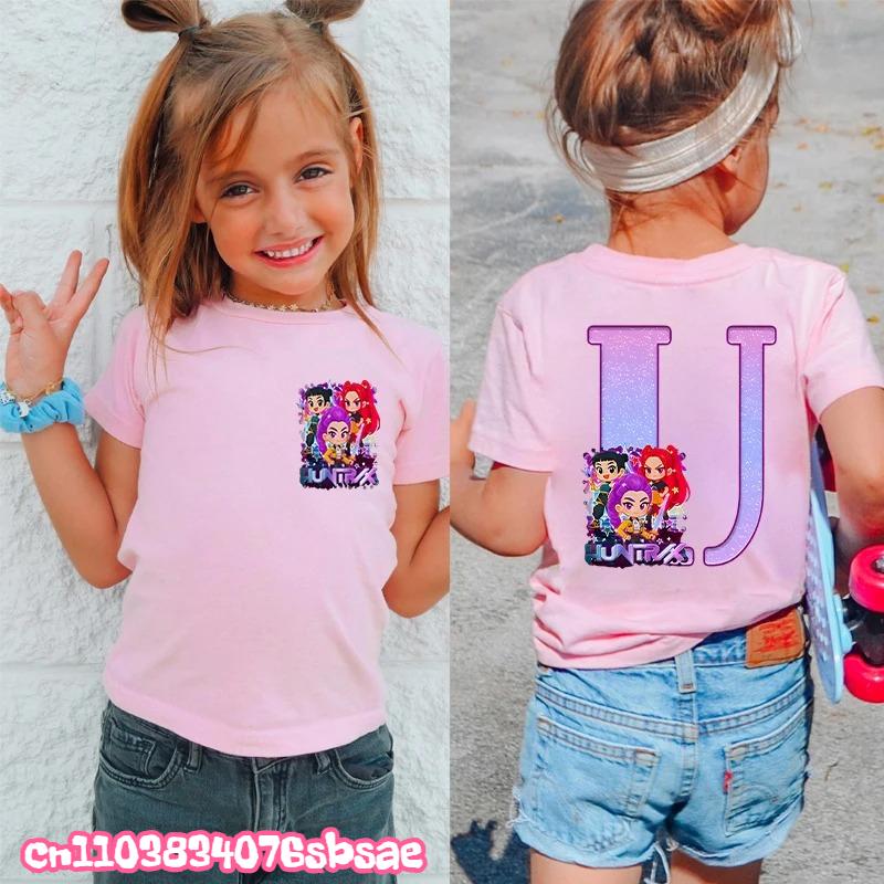Fashion A-Z 26 Letter Print Kids Clothing Kpop Demon Hunters Graphic Y2k Tops Girls Boys Short Sleeve Tees Child T-shirts