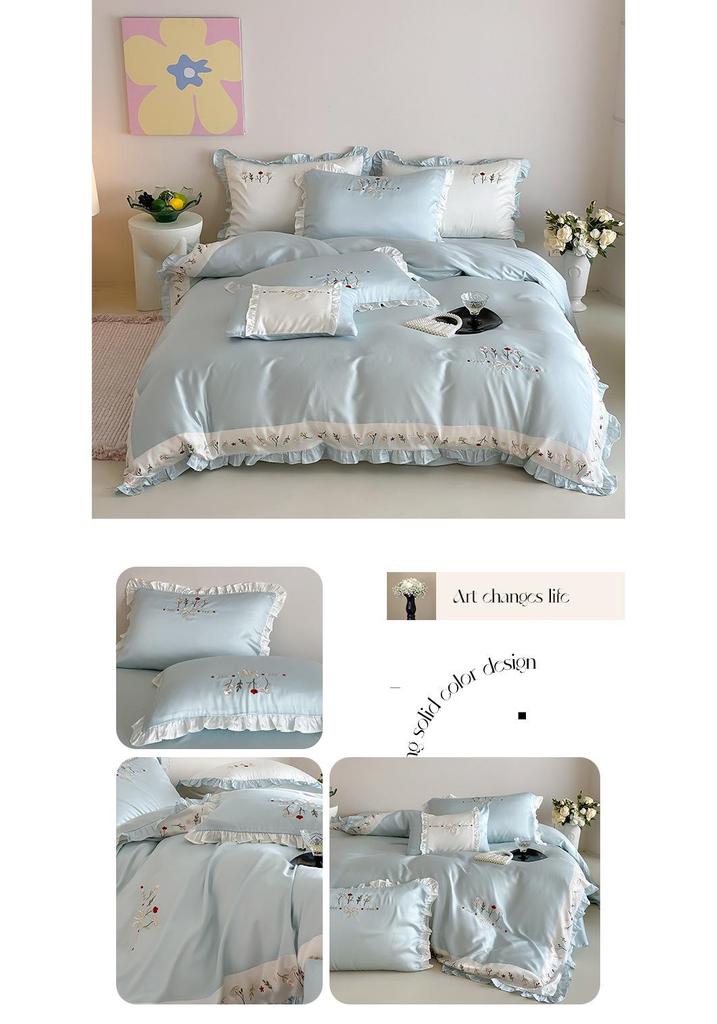 Light Luxury Heart Embroidered 60S Tencel Duvet Set - Soft Cooling Ice Silk Bedding