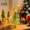 Glass Figurine for Office Glazed Christmas Tree with Star Moon Decor, Rotating Holiday Display Prop Wire Wrapped Desk Mini Tabletop Ornament,