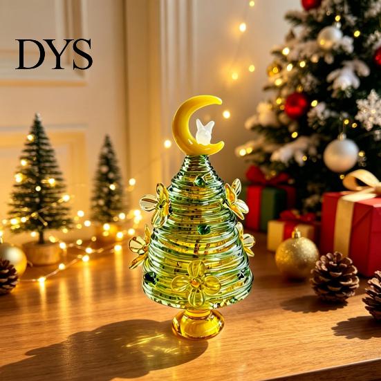 Glass Figurine for Office Glazed Christmas Tree with Star Moon Decor, Rotating Holiday Display Prop Wire Wrapped Desk Mini Tabletop Ornament,