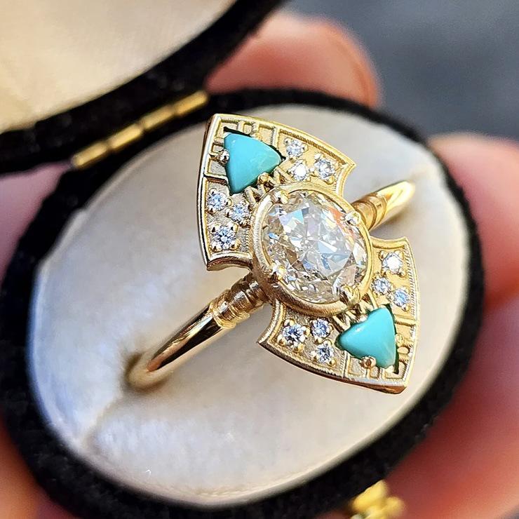 Handmade Retro Nepalese Enamel Gold Ring - Ethnic Style Jewelry