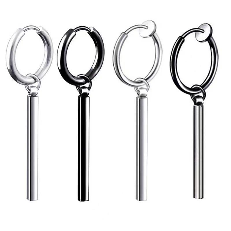 Minimalist Fake Earrings Square Bar Hanging Hoop Earring Pendant Ear Clip Stainless Steel Earring Men Jewelry