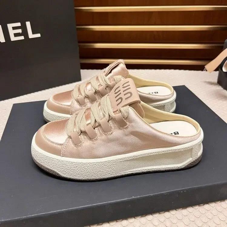 

Полутапочки Женские 2025 Лето Новые Круглый Носок На Шнуровке Повседневные Маленькие Белые Туфли Удобная Обувь 40 розовый