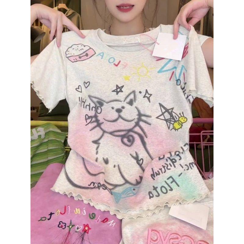 Sweet and Spicy Cartoon Cat Printing Shoulder Short-Sleeved T-shirt Female Summer Wooden Ear Silm Ruched Waist-Controlled Top Tide