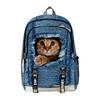 Trendy Jeugdige Schooltassen Unisex Gescheurde Jeans Katten Reistassen 3D Print Oxford Waterdicht Notitieboek Multifunctionele Rugzakken