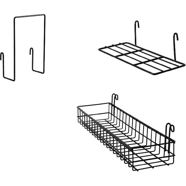 FRIADE Wall Grid Panel Hanging Basket with Hooks,Bookshelf,Display Shelf,Wall Organizer and Metal Shelving for Home Supplies,1 Set of 3 (Black)
