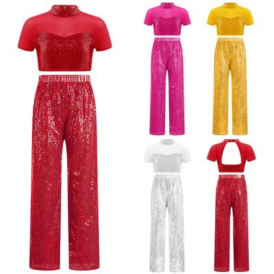 Girls Latin Jazz Dance Costume Mock Neckline Short Sleeve Mesh Patchwork Cutout Back Shiny Sequins Crop Top Sequined Pants
