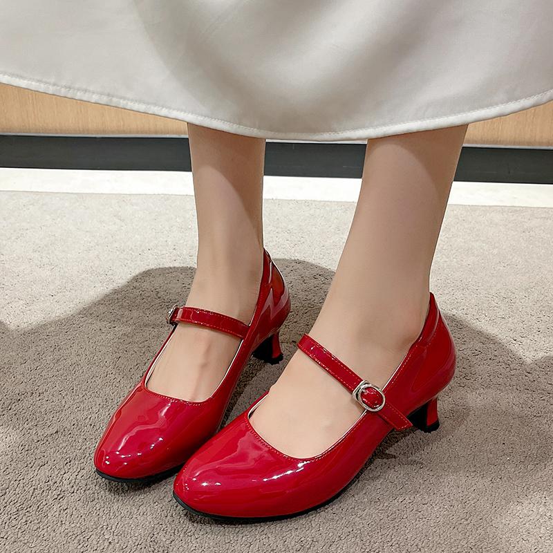 Fashion Women's Autumn New Pointed Toe Shallow Heel Mary Jane Single Shoes Metal Buckle One Strap Non-Slip Low Top Shoes