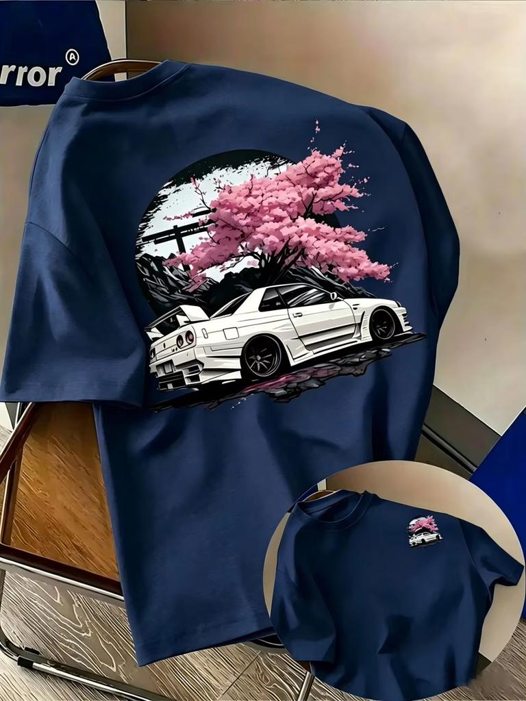 European And American Unisexs Summer Cherry Blossom Racing Print Comfortable And Breathable Round Neck Tshirt Outdoor Street Top