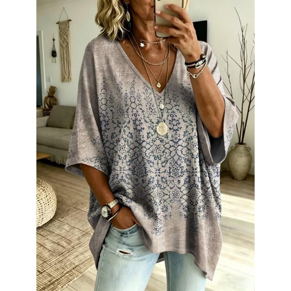 Plus Size Women's Simple Floral Pattern Printed V-neck Top Three-quarter Sleeves Loose Plus Size Casual Daily T-shirt