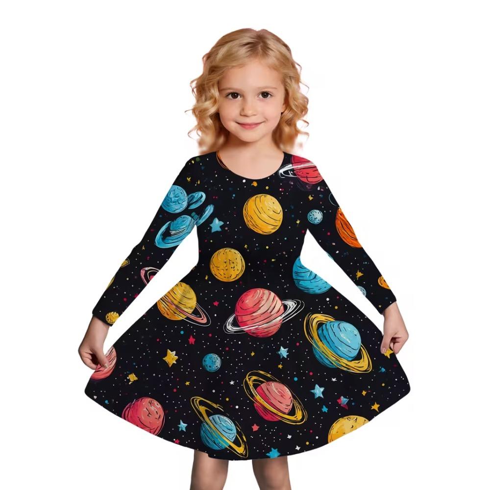 Girls' 3D Purple Galaxy Dress Long Sleeve Summer Spring Vacation Daily Holiday Princess Beautiful Sweet Kids 4-12 Years Casual Dress A Line Dress