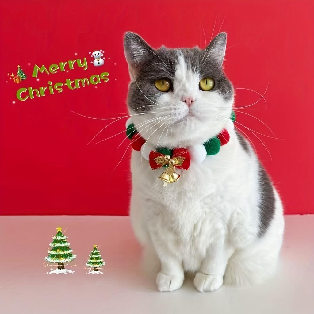 Christmas Pet Collar with Bell & Bow, Red Green White Plush Ball Design, Festive Holiday Accessory for Cats & Small Dogs