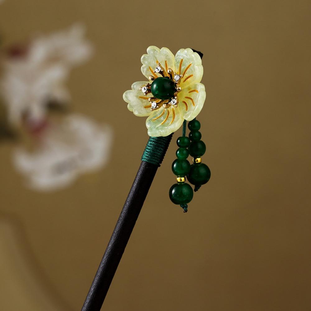 Decorative Chinese Style Flower Hair Sticks Handmade with Tassel Hair Chopsticks Retro Hair Fork Wooden Hairpin for Hanfu
