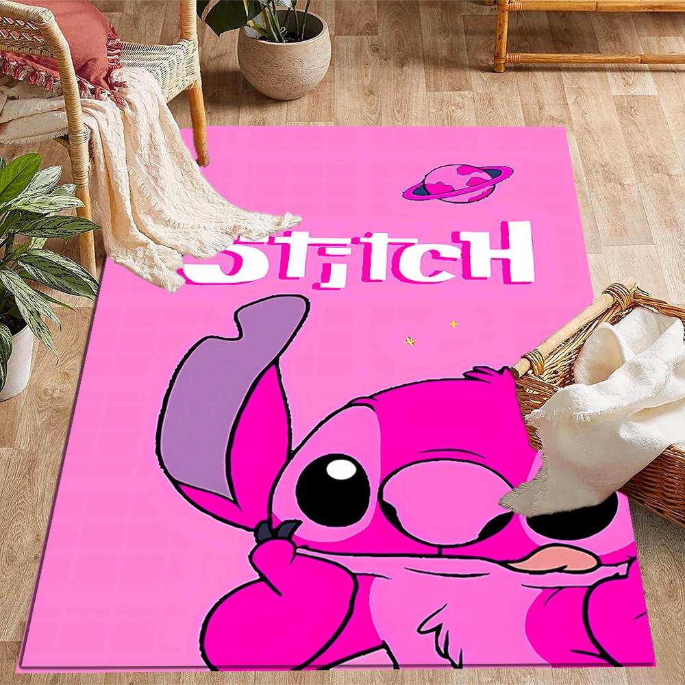 Pink Stitch Heart Background Disney Cartoon Theme Anti-Slip Rug - Polyester, Home Decor, Suitable for Bedrooms, Living Rooms, Doorways, and Studios