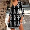 Women's Fashionable Casual V-Neck Floral Print Pocket Seven Quarter Sleeve Dress